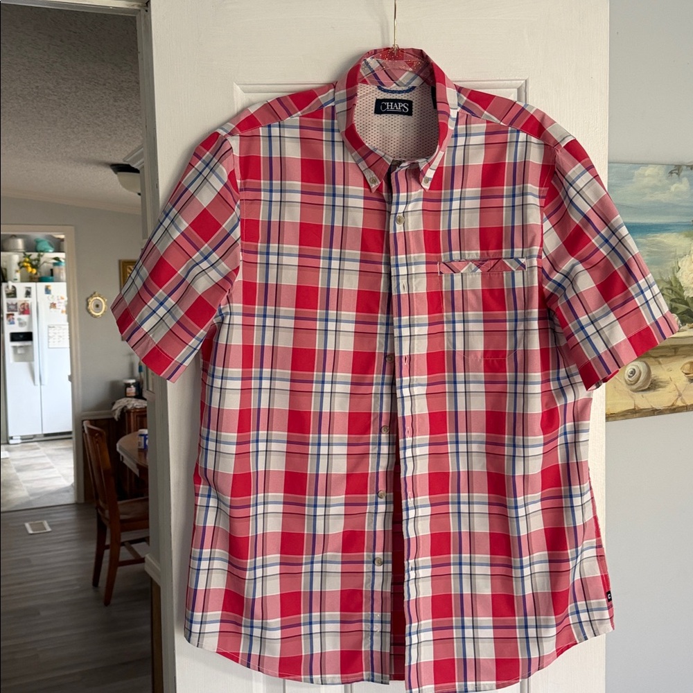 Chaps Red and Pink Plaid Button-Up Shirt